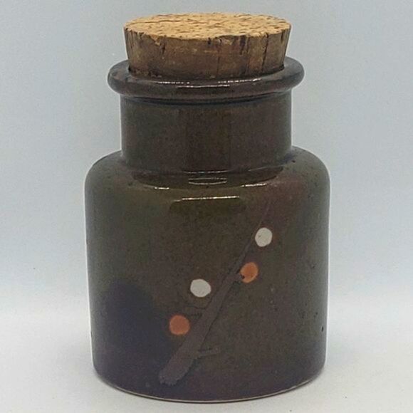 Nagoya Japan Vintage Olive Green Orange Cream Berry Cork Lid Stoneware Canister - Picture 2 of 10